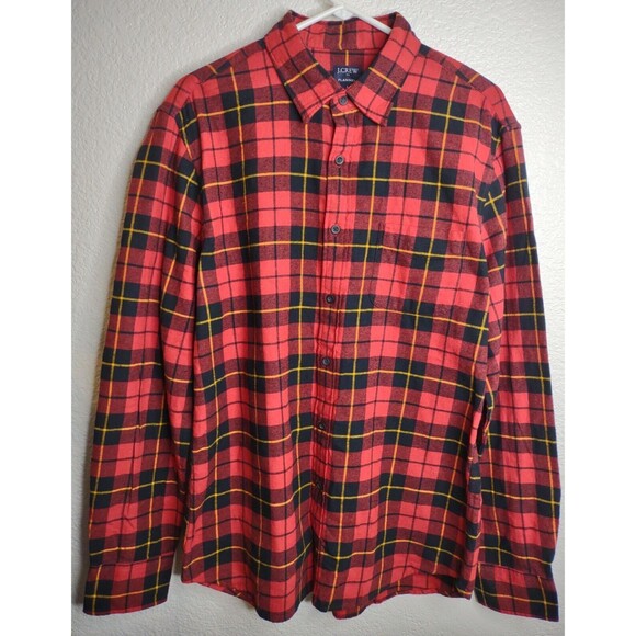 J Crew Flannel Shirt Men's Large Buffalo Plaid Red Black Long Sleeve Cotton - Picture 1 of 10